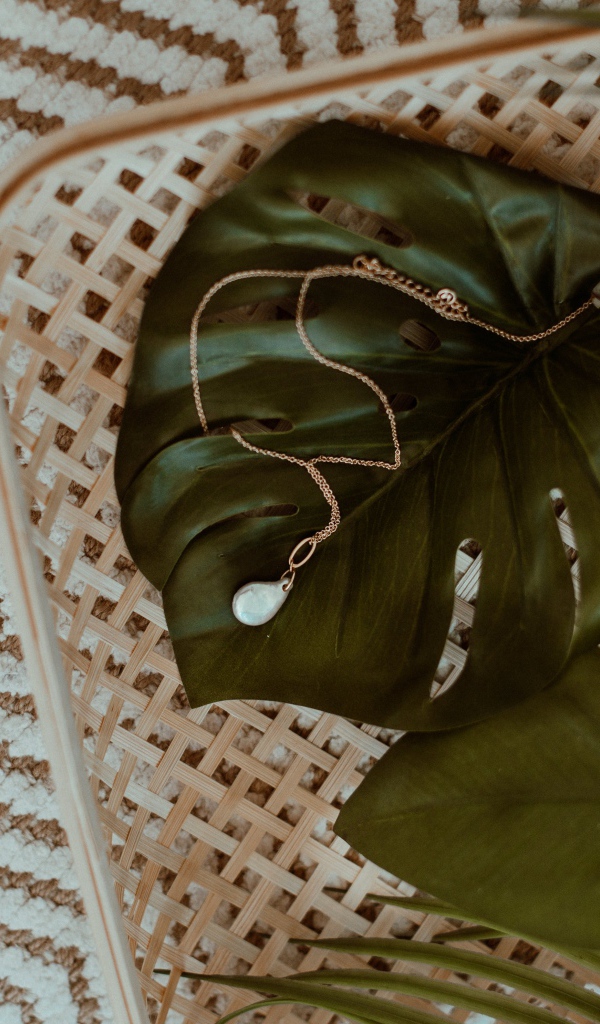 Золотое украшение лежит на большом зеленом листе