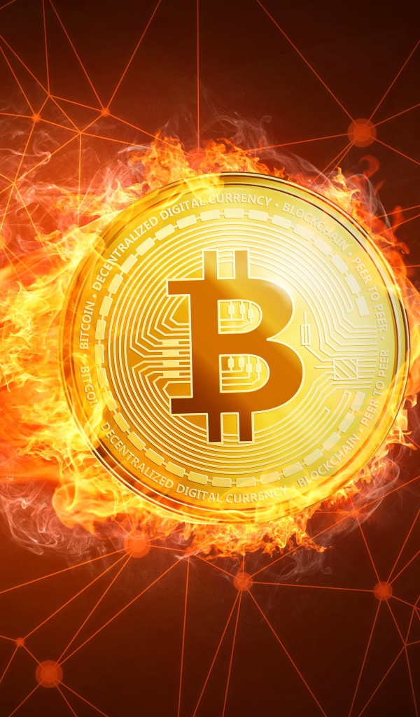 Огненная монета биткоин на фоне сетки