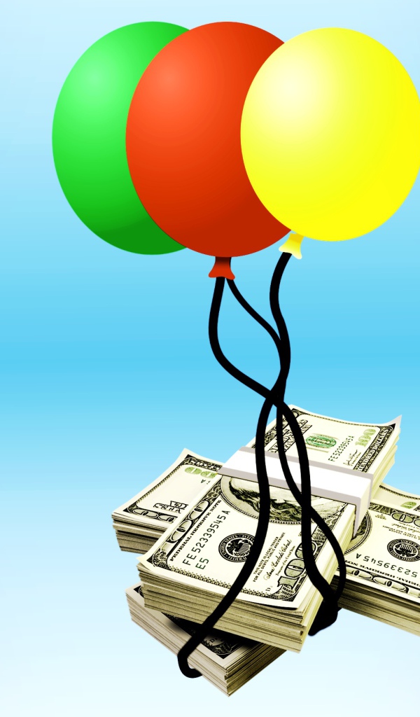 Деньги с воздушными шариками на голубом фоне 