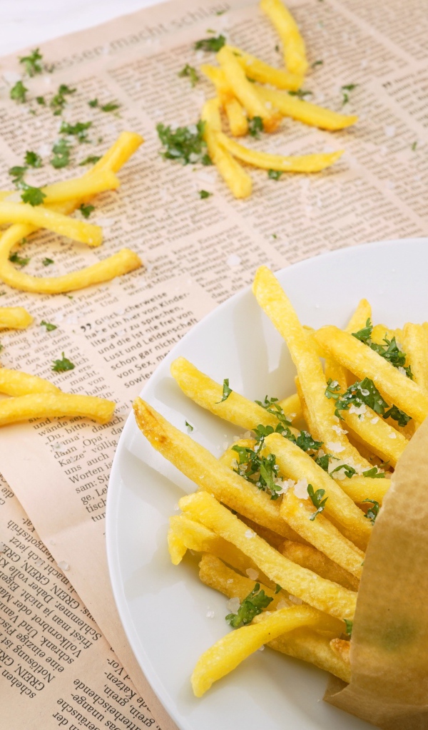 Картофель фри с зеленью на газете
