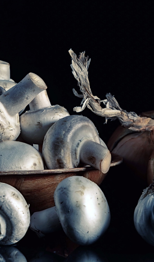 Свежие шампиньоны с луком и чесноком на черном фоне