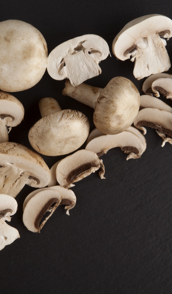 Свежие нарезанные шампиньоны на сером фоне