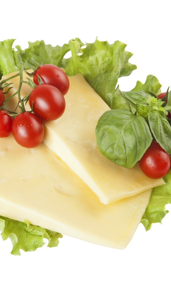 Твердый сыр, листья салата, помидоры и базилик на белом фоне