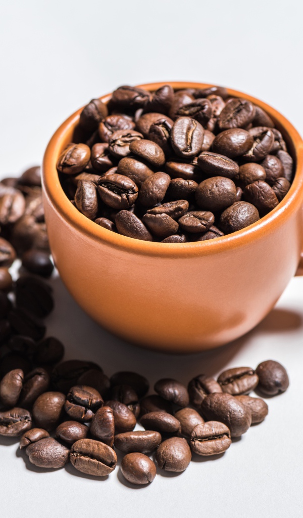 Жареные зерна кофе в кружке  на белом фоне