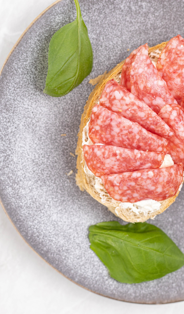 Бутерброд с маслом и колбасой на тарелке