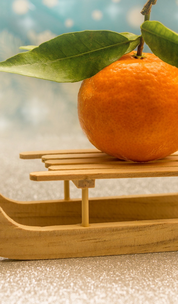 Большой оранжевый мандарин на маленьких санках