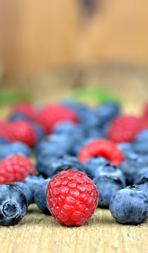 Свежие ягоды черники и малины на лавке