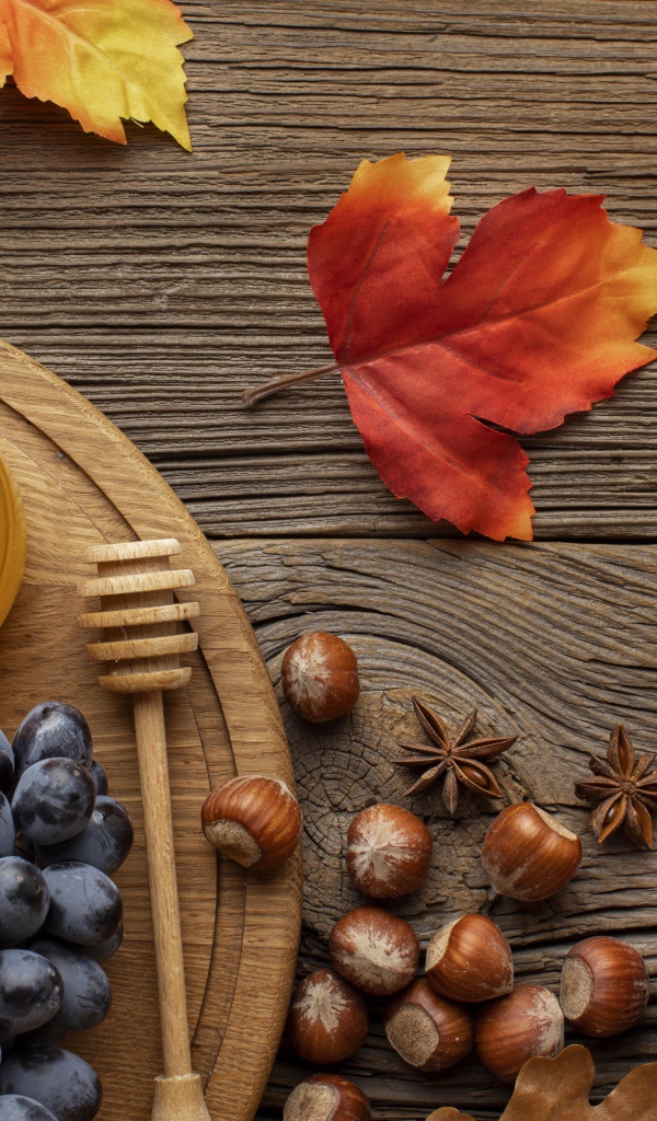 Мед на столе с виноградом, орехами и яблоками