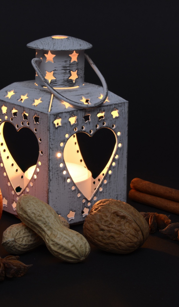 Мандарин, орехи, специи и фонарь на черном фоне