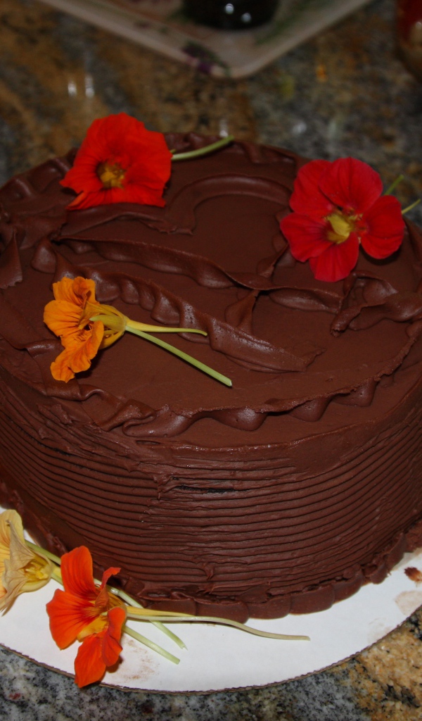 Аппетитный шоколадный торт с цветами настурции