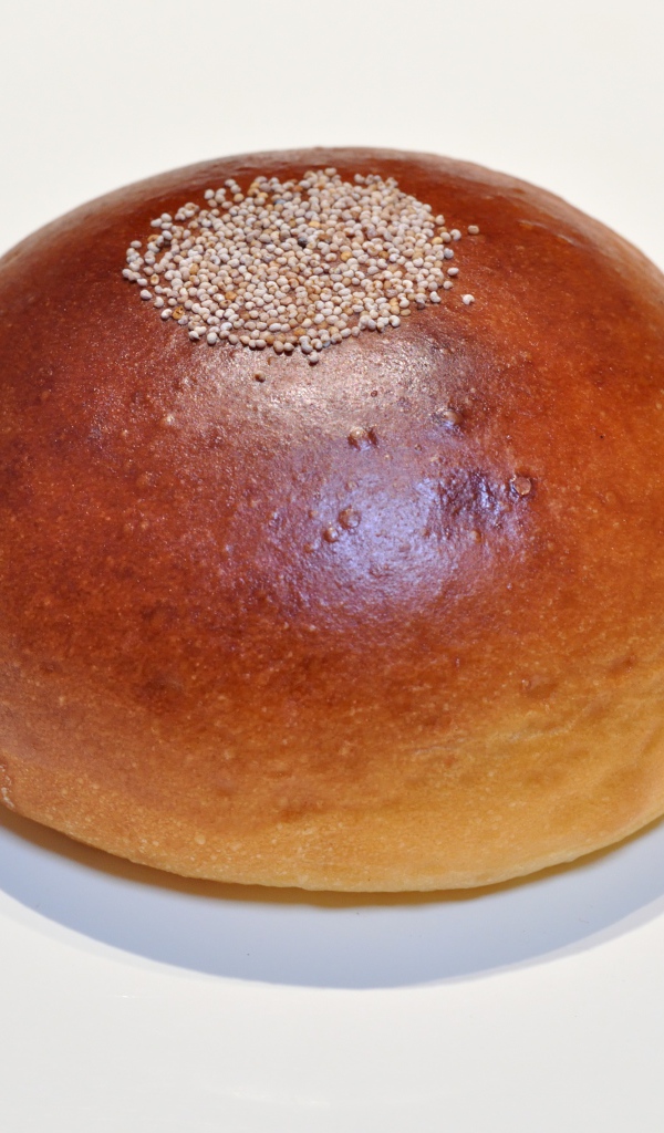 Аппетитная круглая булочка на сером фоне