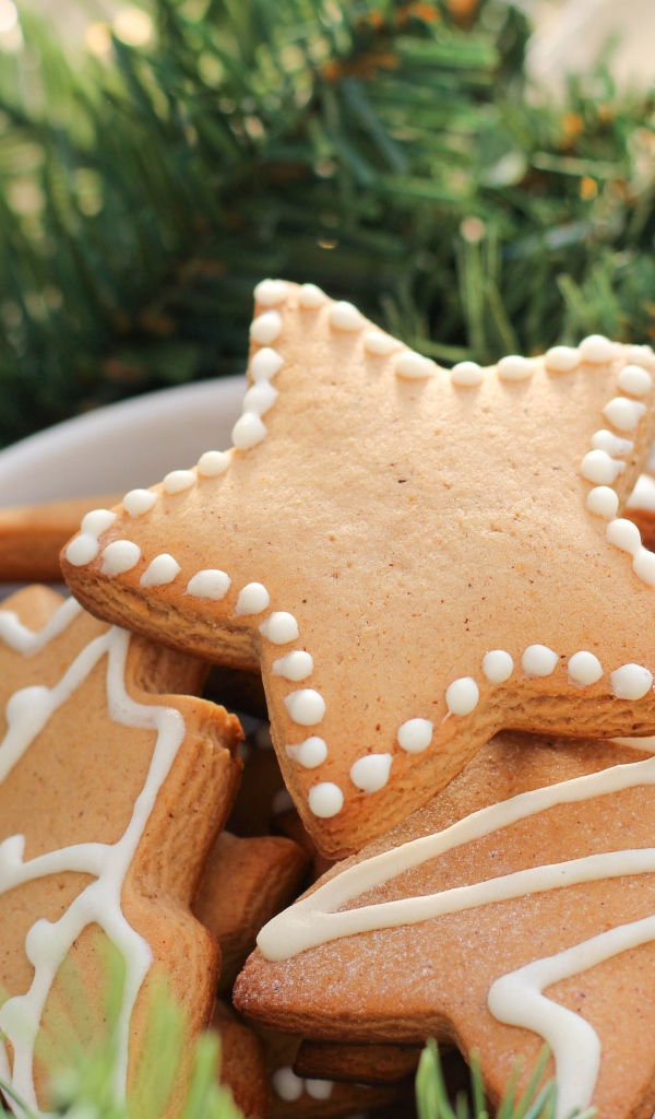 Новогоднее печенье звездочки с еловыми ветками