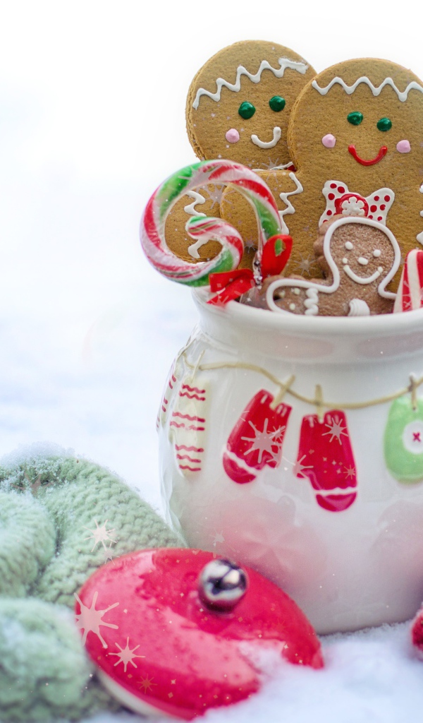 Вкусное праздничное печенье в вазе на снегу