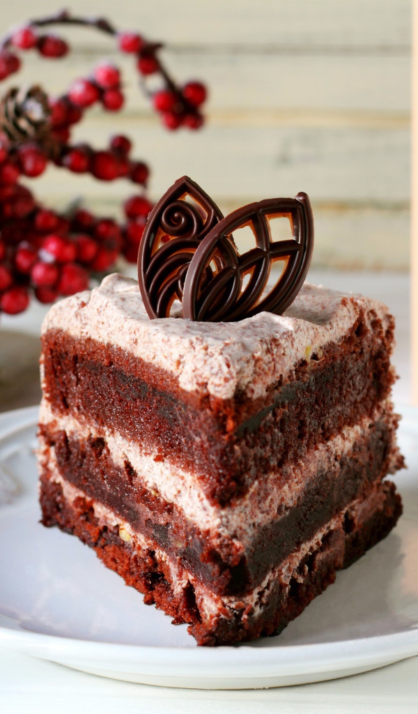 Кусок шоколадного торта на белой тарелке на столе