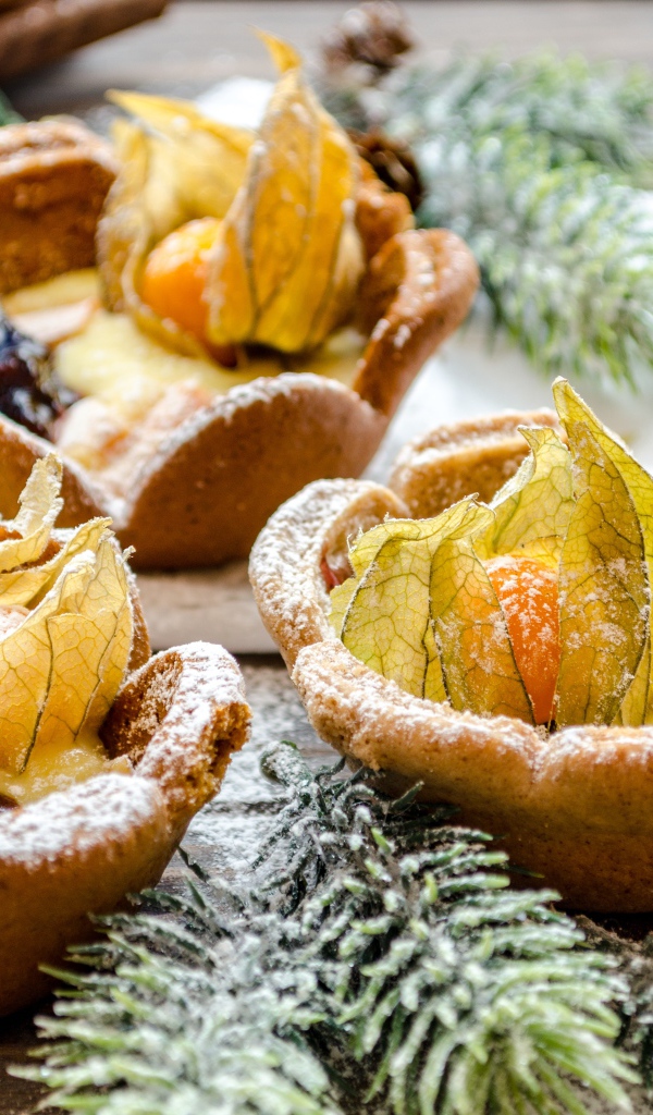 Песочное печенье  с физалисом и ветками ели на столе 