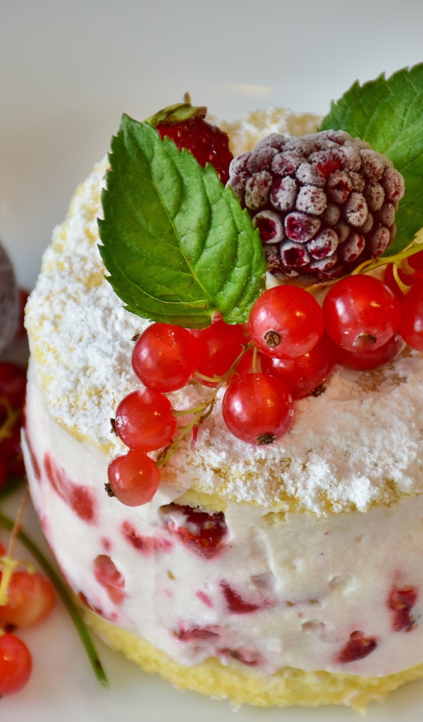 Пирожное со взбитыми сливками украшено ягодами