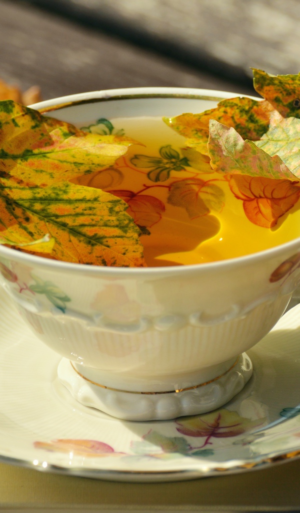 Красивая чашка чая на столе с осенними листьями