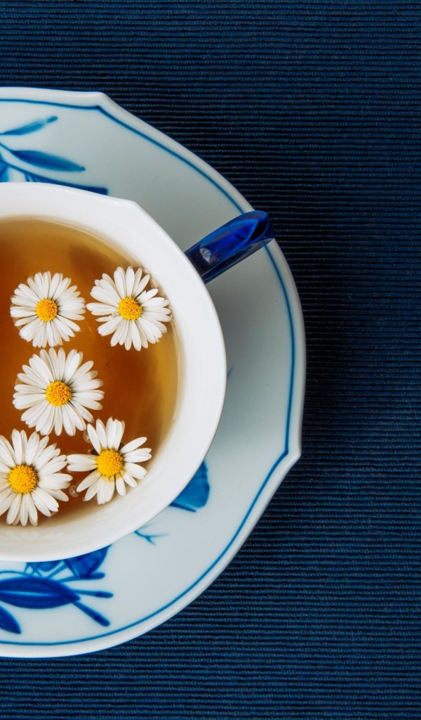 Чашка горячего чая с ромашкой на столе