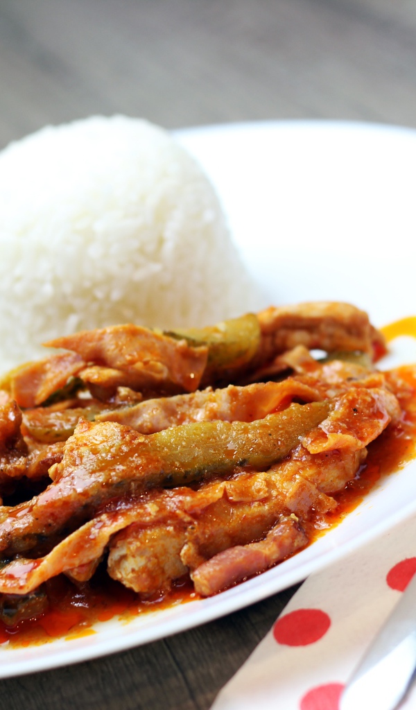 Beef goulash on a plate with rice