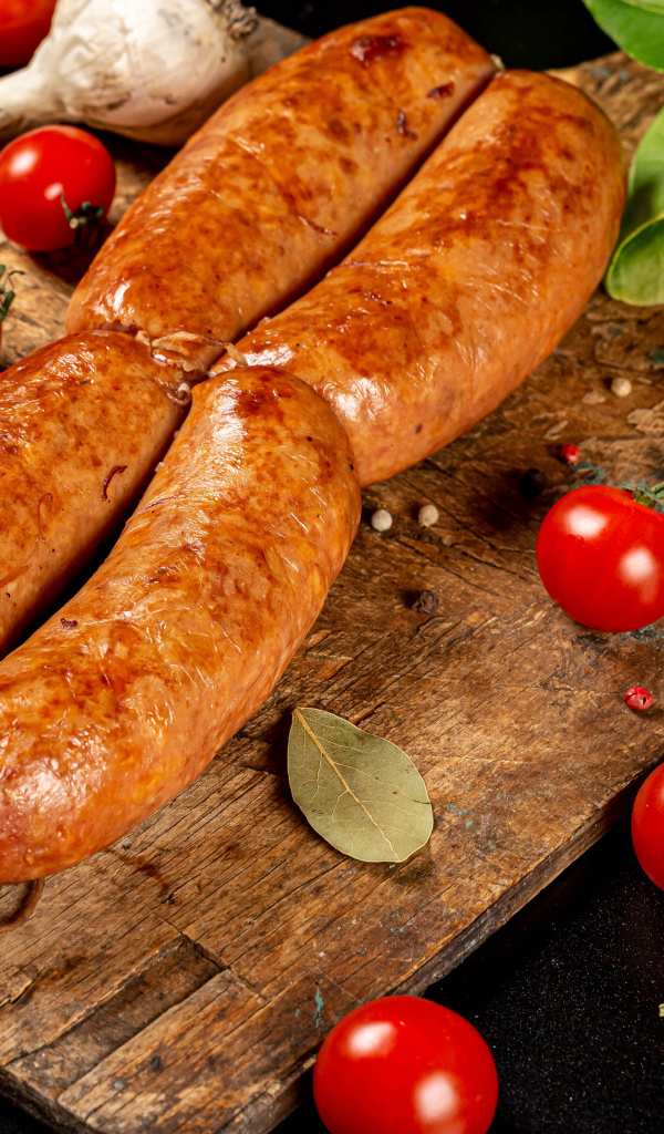 Мясные колбаски на доске с овощами