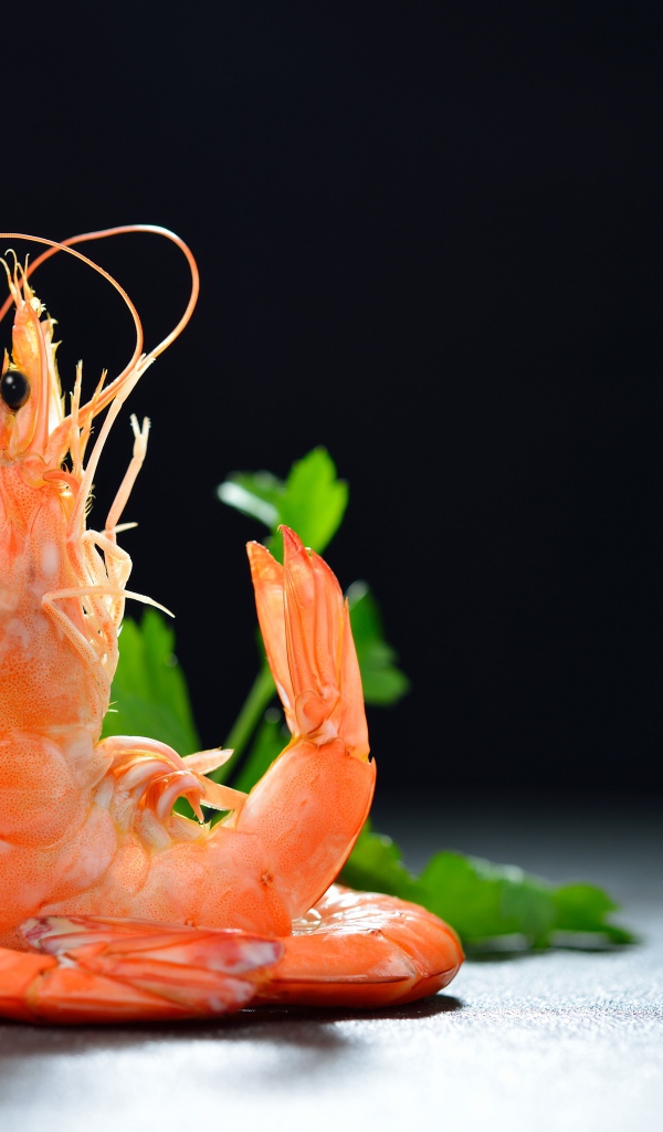 Вареные креветки с лимоном на черном фоне