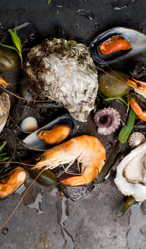 Мидии и креветки на черном столе 