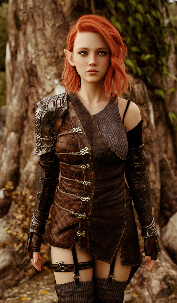 Девушка эльф стоит у дерева косплей