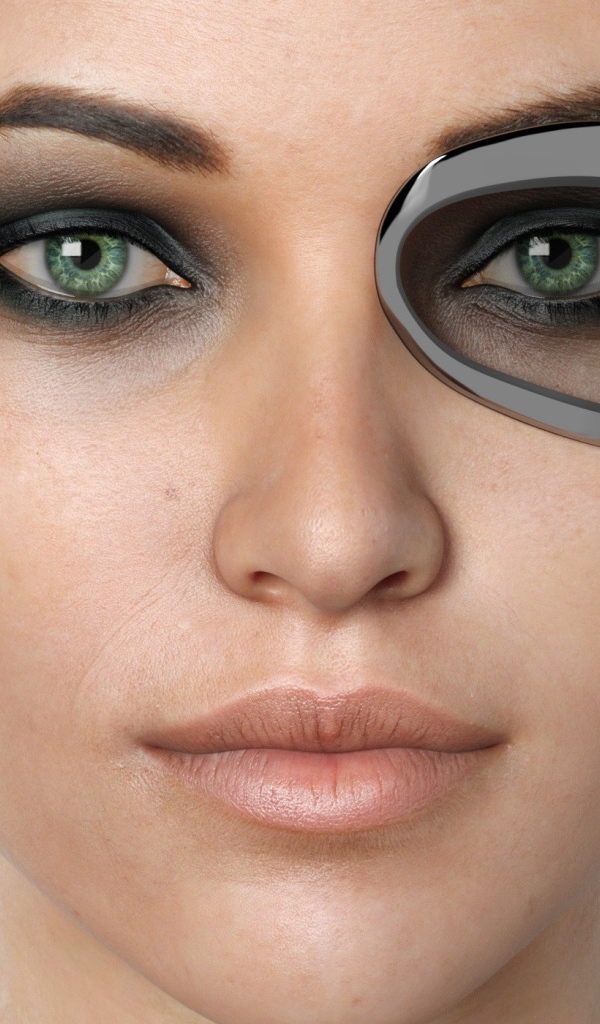 Лицо девушки киборга 3д на сером фоне 