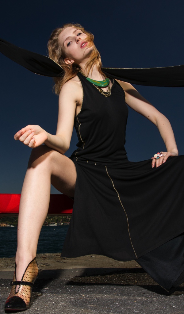 Красивая девушка в черном платье в сумерках