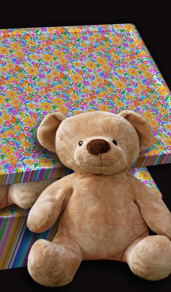 Подарок с плюшевыми медведями на черном фоне