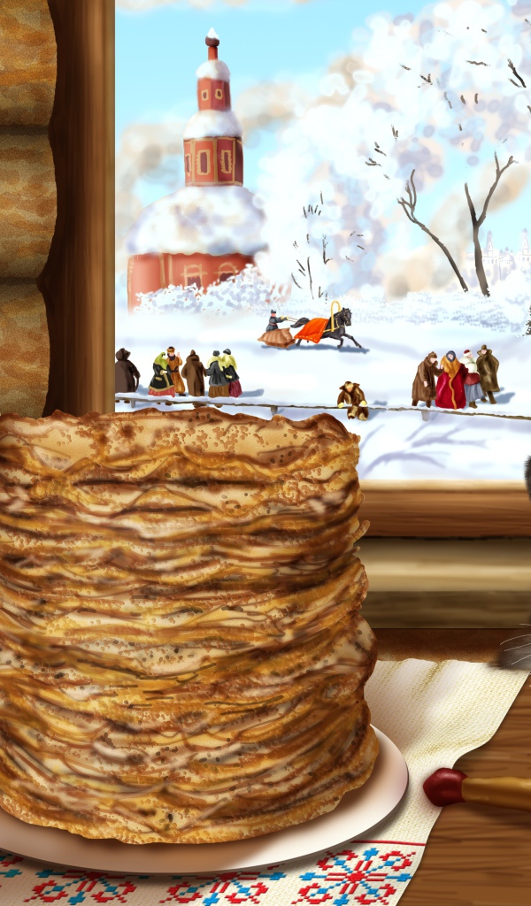 Кот сидит у стола с блинами на Масленицу