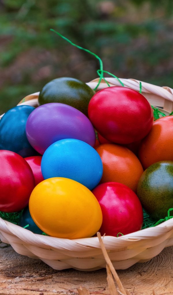 Корзина ярких крашеных яиц на великий праздник Пасха