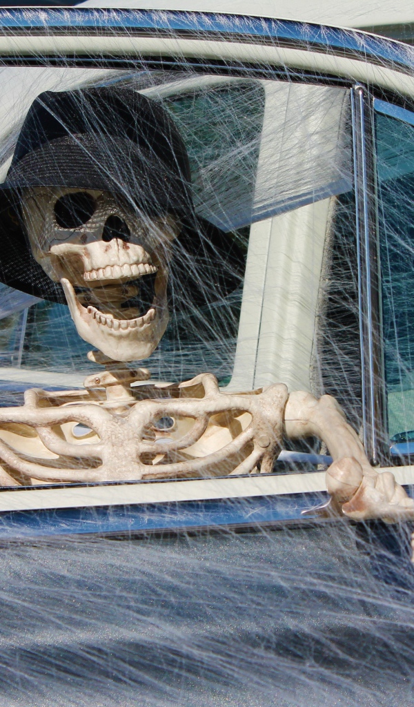 Скелет в машине с паутиной декор на праздник Хэллоуин