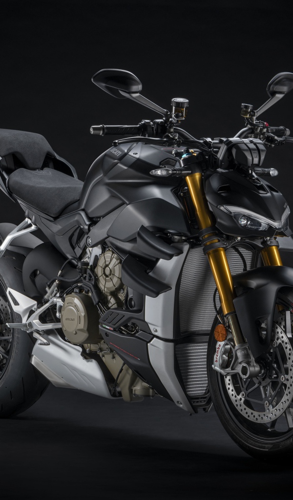 Черный мотоцикл Ducati V4 Streetfighter, 2021 года на сером фоне