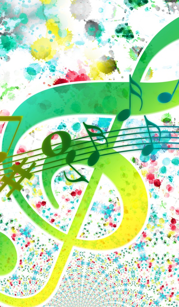 Разноцветный нотный ряд на белом фоне с пятнами 