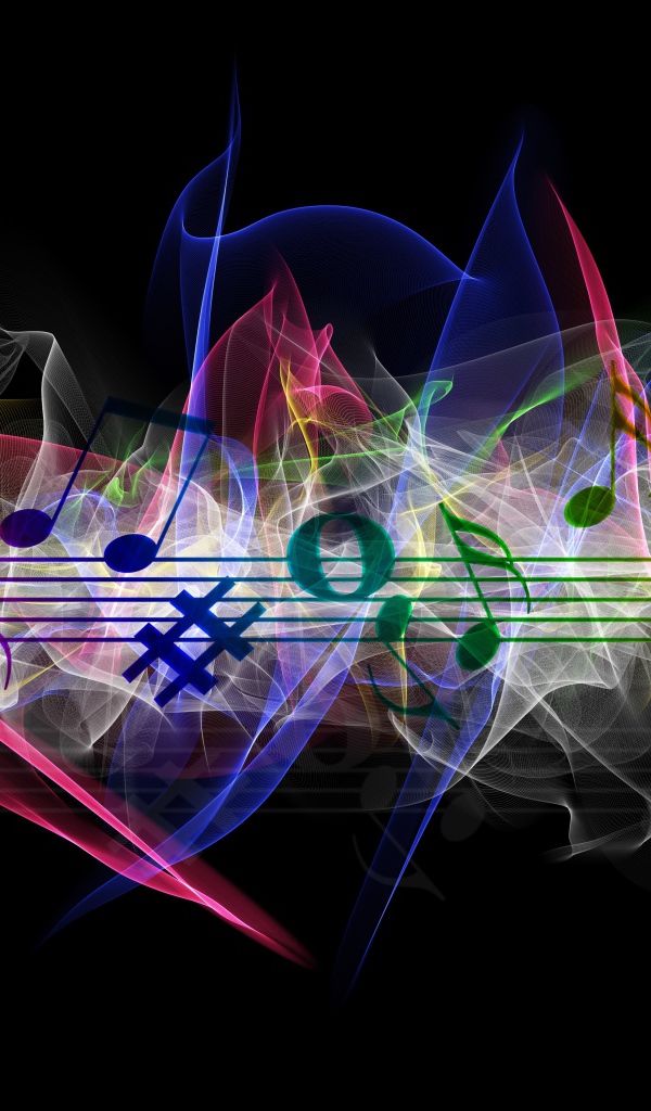 Нотный ряд с разноцветными волнами на черном фоне