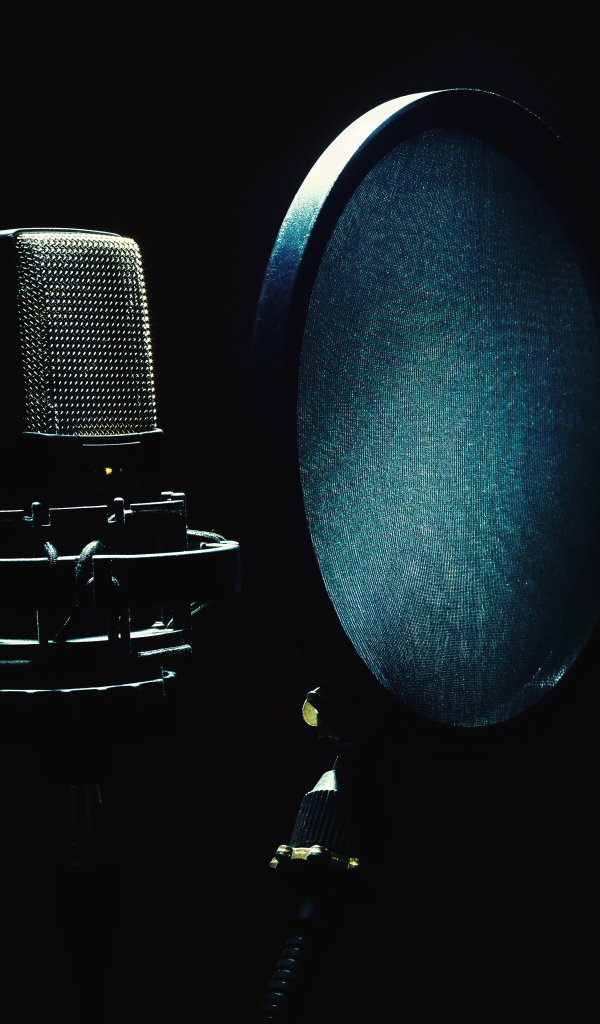 Студийный микрофон с фильтром в темноте