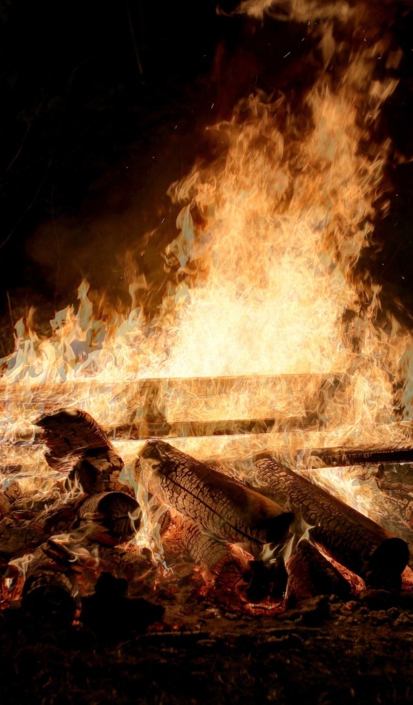 Большой костер с дровами ночью