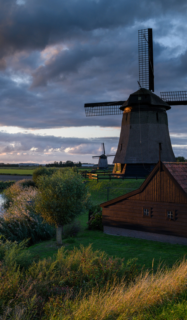 Большая ветряная мельница у реки на закате