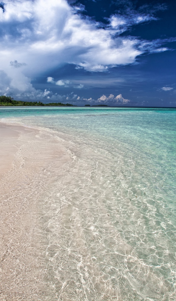 Чистая голубая вода на пляже с желтым песком