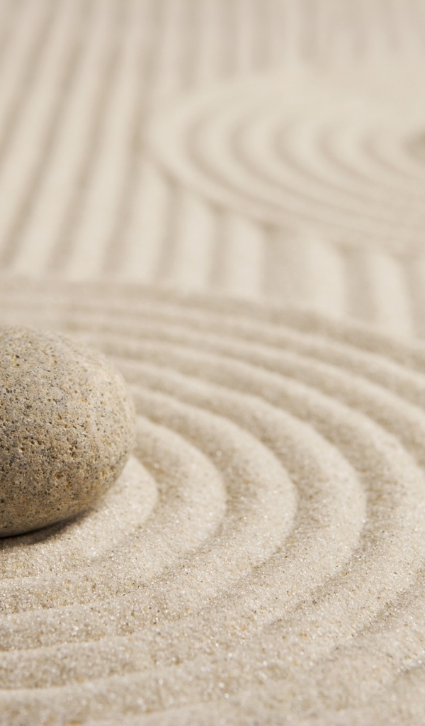 Большой серый камень на песке с кругами 