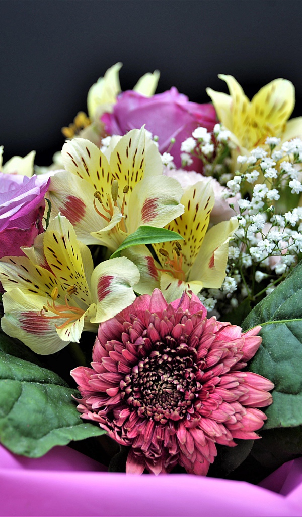 Красочный букет из цветов розы, альстромерии и герберы