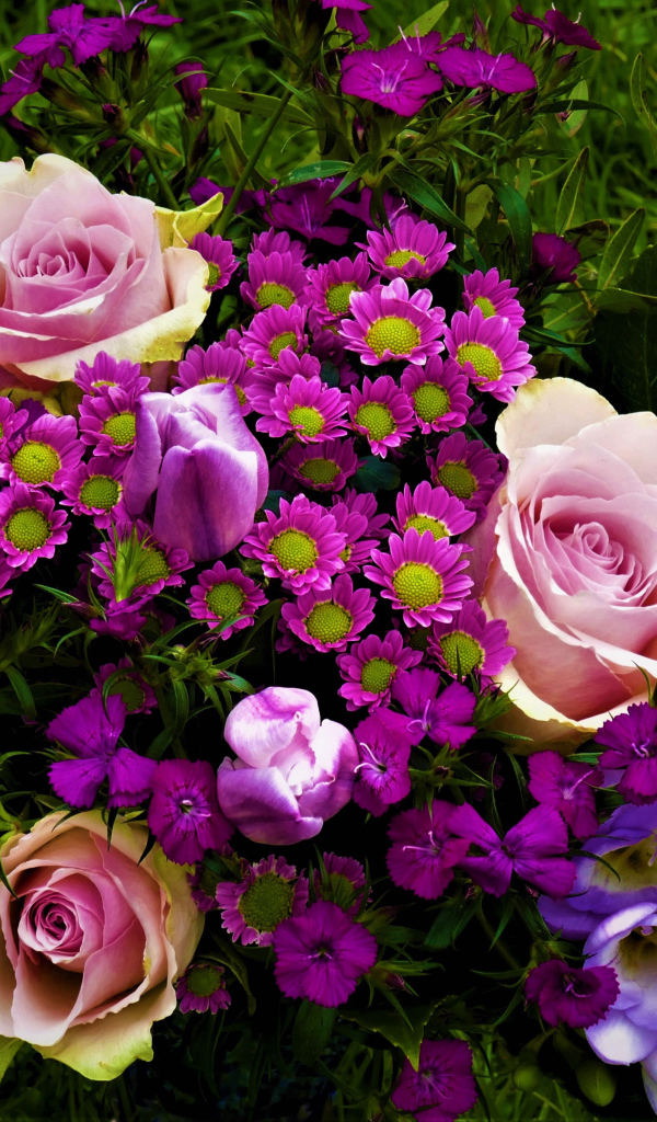 Розы, крокусы и хризантемы на зеленой траве
