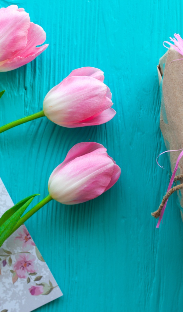 Три розовых тюльпана на голубом столе с подарками