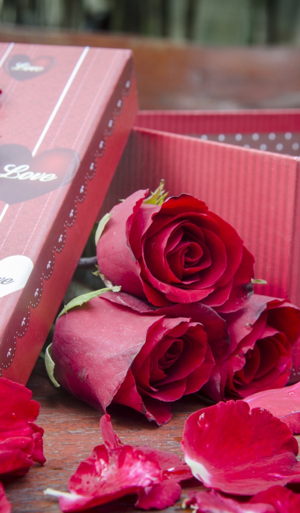 Три красные розы с лепестками  на столе с подарком