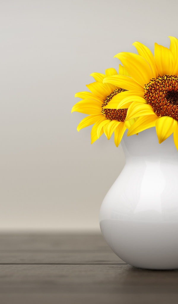 Два цветка подсолнуха в белой вазе на фоне стены
