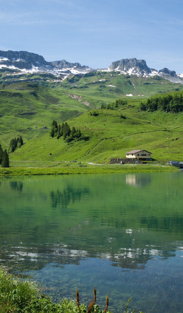 Покрытые зеленью горы у холодного озера 
