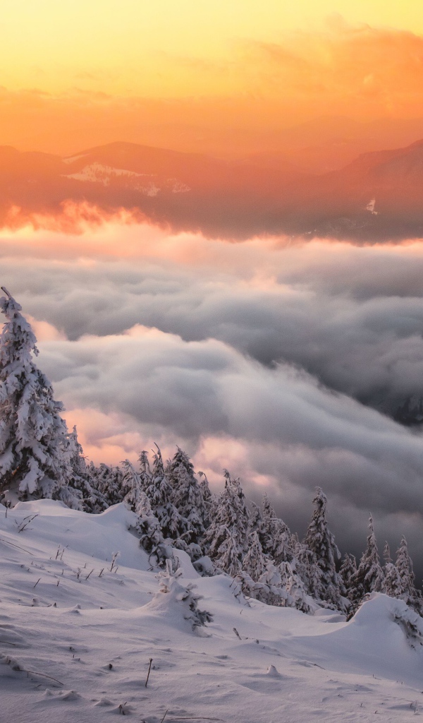 Густые облака над заснеженной горой