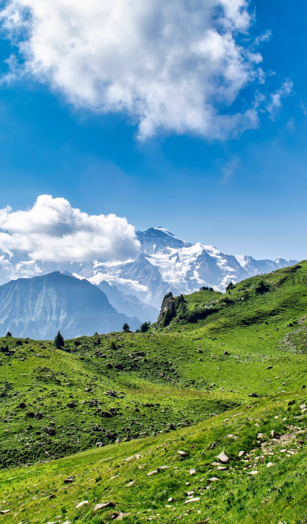 Белые облака над вершинами гор в голубом небе 