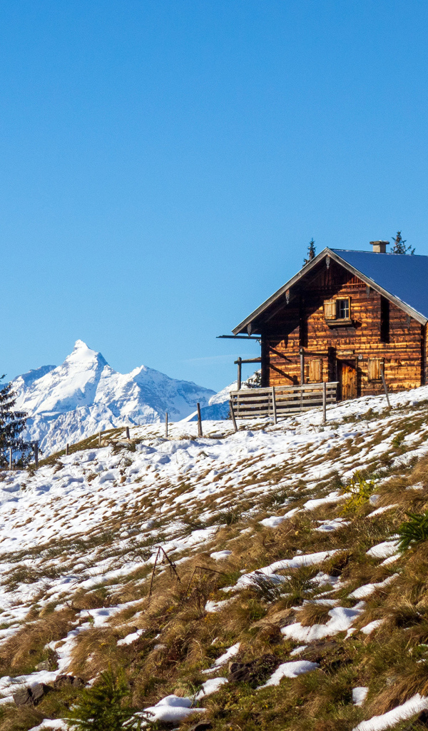 Деревянный дом на заснеженном склоне Альп